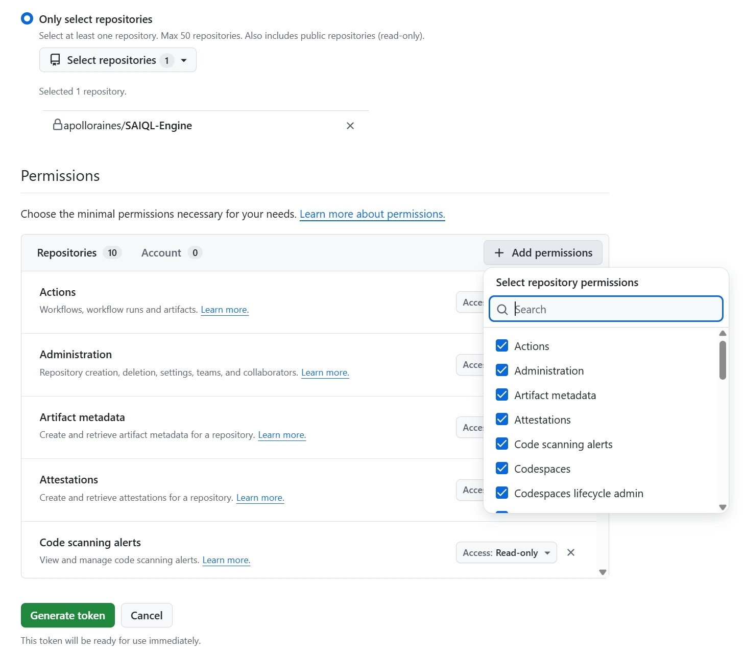 GitHub token permissions setup